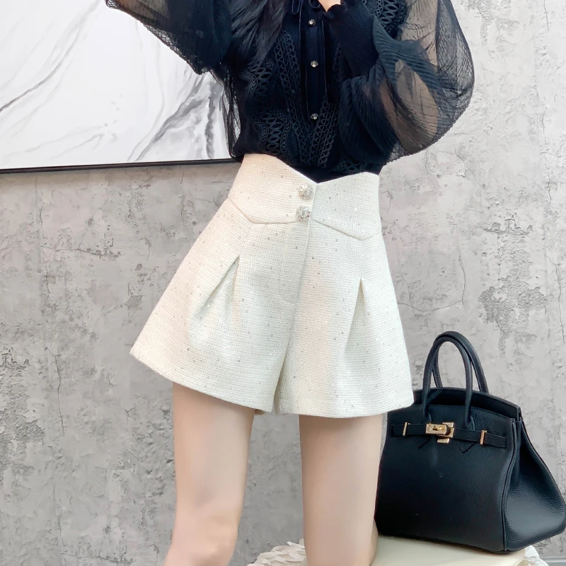 小香风亮片毛呢短裤女秋冬2025新爆款外穿显瘦加厚A字阔腿型靴裤