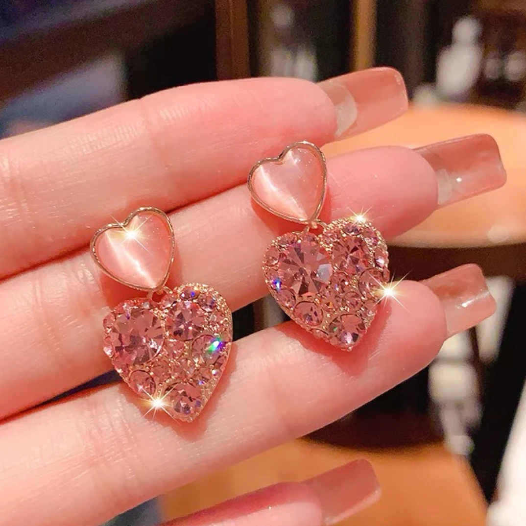 铜合金耳饰 粉色爱心耳环年新款小众甜美耳坠心形耳钉25