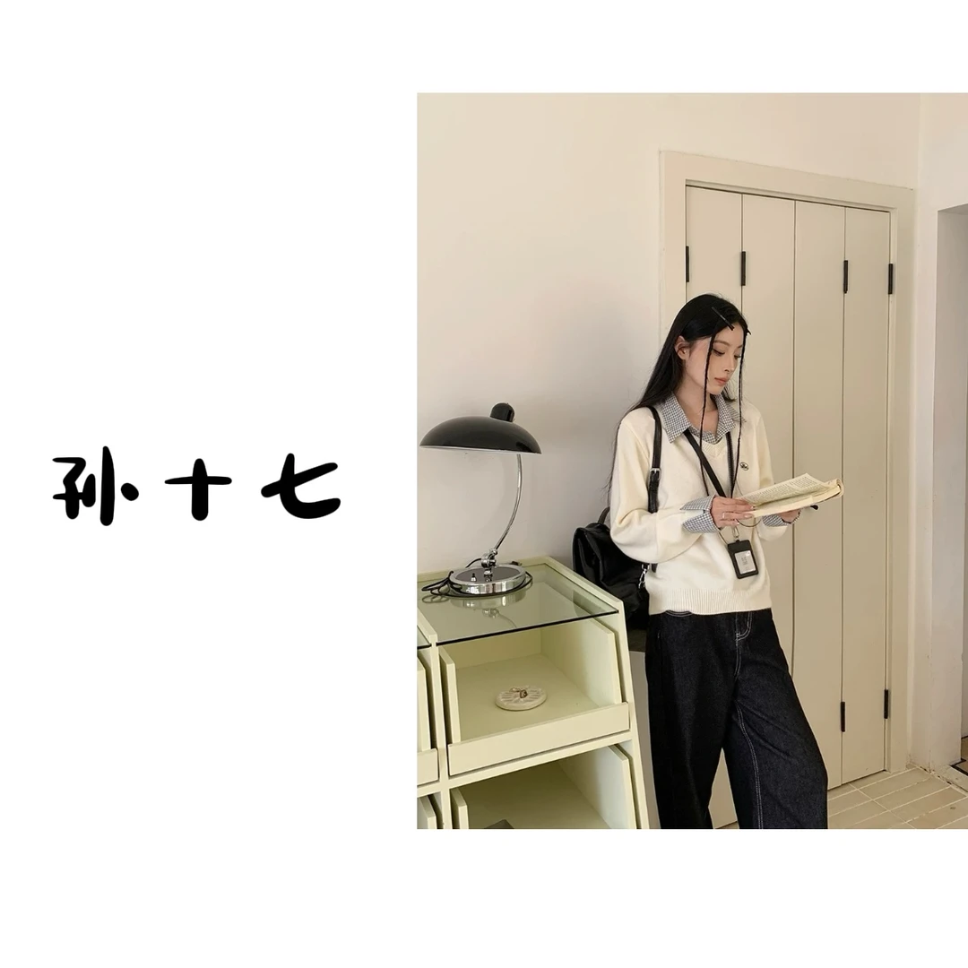 05【伯克利学院】韩系学院风假两件宽松简约格纹拼接百搭毛衣