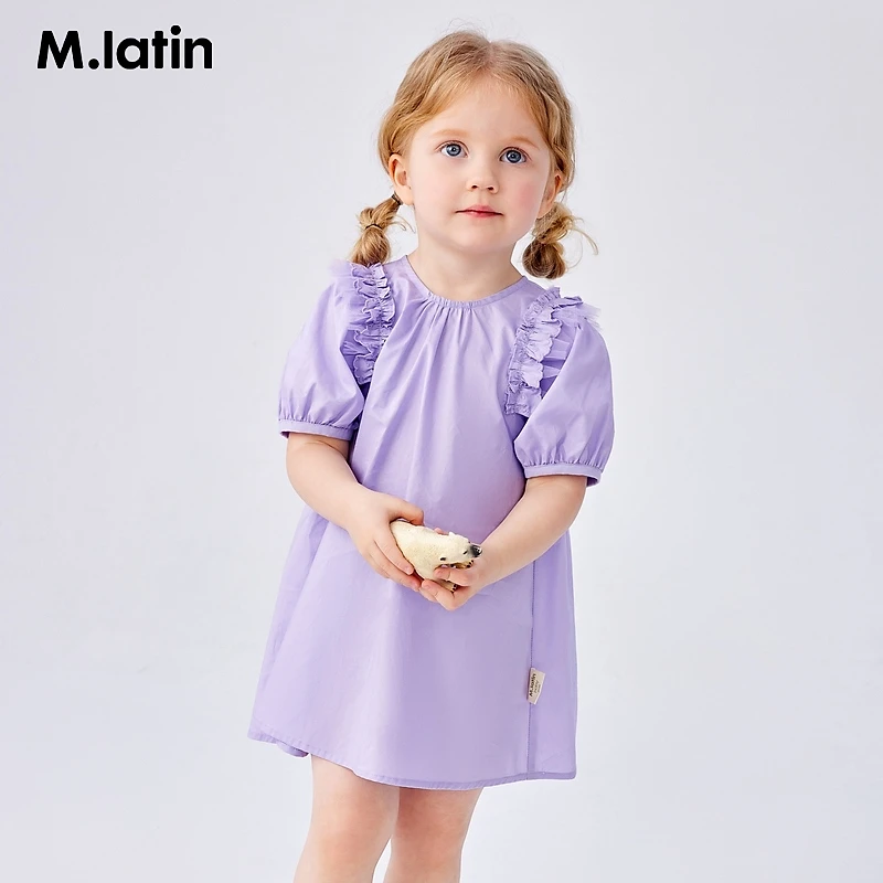 马拉丁童装女童连衣裙夏新款精致绣花府绸儿童短袖连衣裙裙子