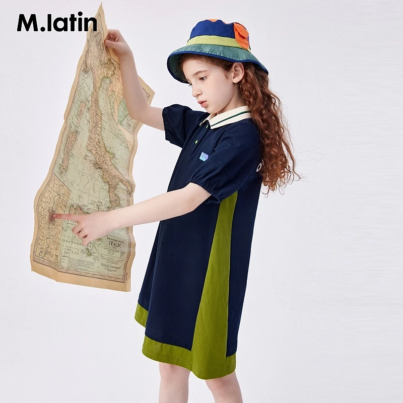 马拉丁童装儿童连衣裙2024夏polo领裙摆拼接设计凉感速干女童大童