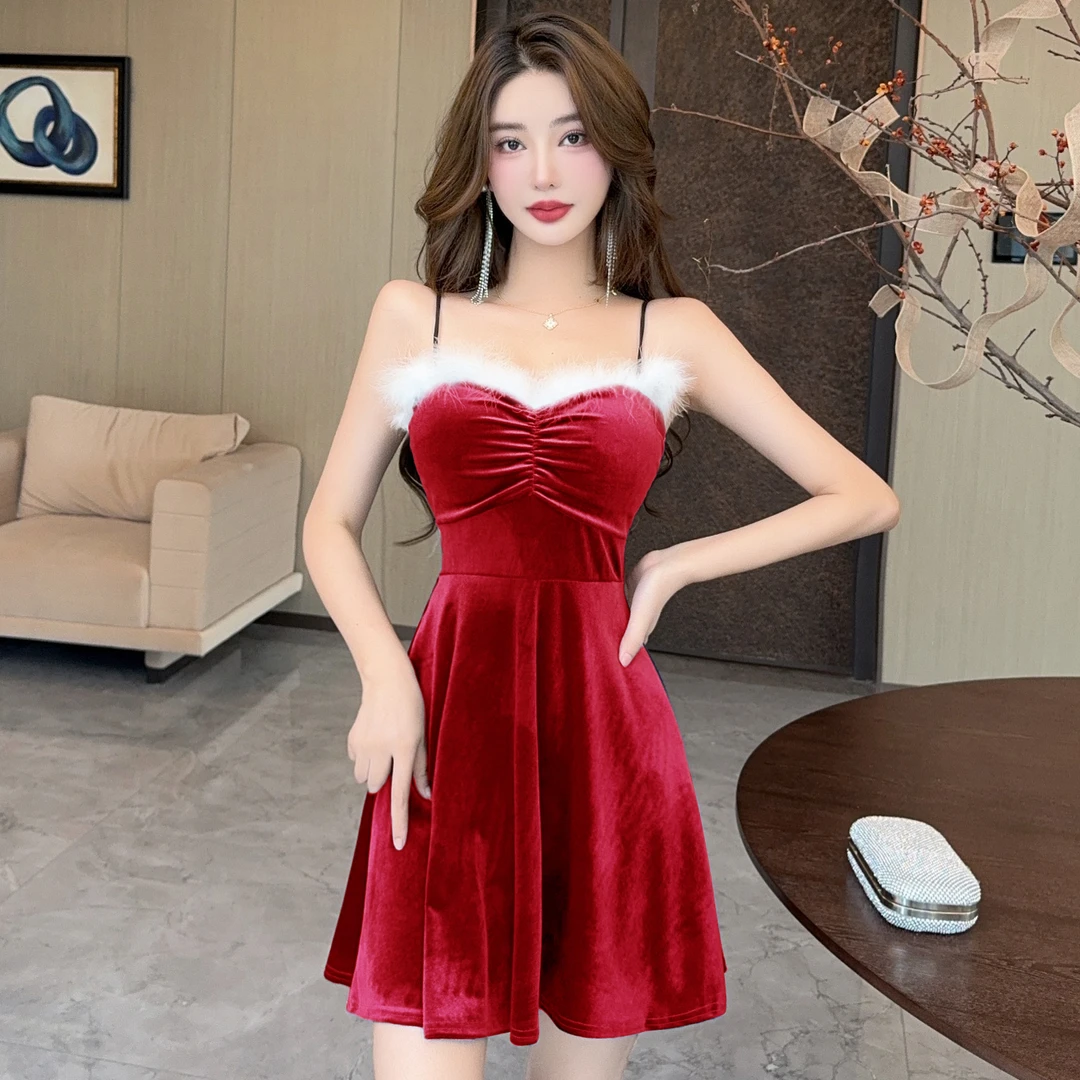 圣诞红色性感低胸A字抹胸连衣裙秋冬款夜场女装毛毛拼接吊带短裙