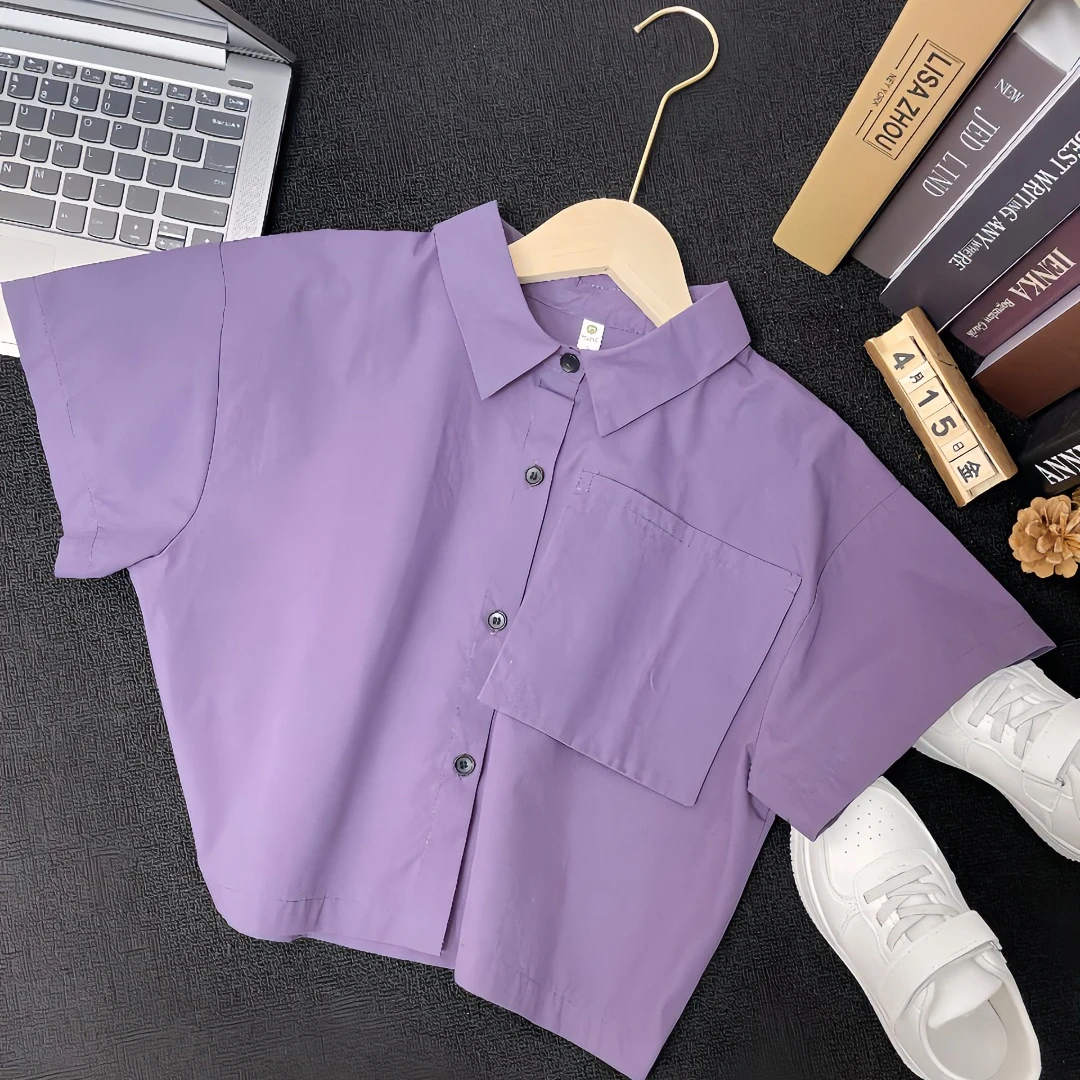 【麦穗精选】天空紫衬衫短袖时尚夏季百搭小童韩版翻领男童休闲洋气