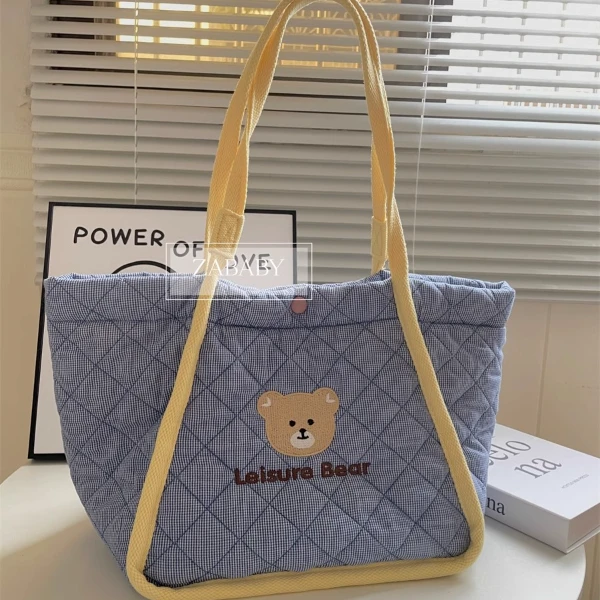 原创韩国 ins 绗缝棉刺绣小熊妈咪包大容量外出手提单肩包托特包