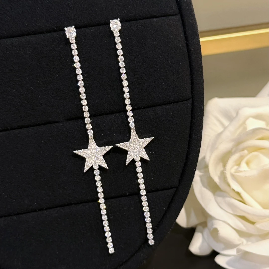 合金合成锆石耳饰 杨杨babytime 奢华长款流苏锆石满钻五角星耳坠