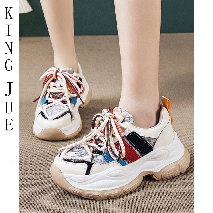【王爵范】夏季厚底网面老爹鞋/百搭透气真皮运动鞋/系带白色休闲鞋