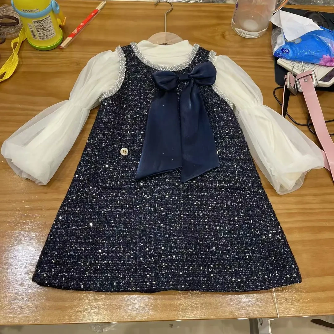 优雅儿童连衣裙深蓝色亮片无袖款白色长袖内衬连衣裙儿童裙子