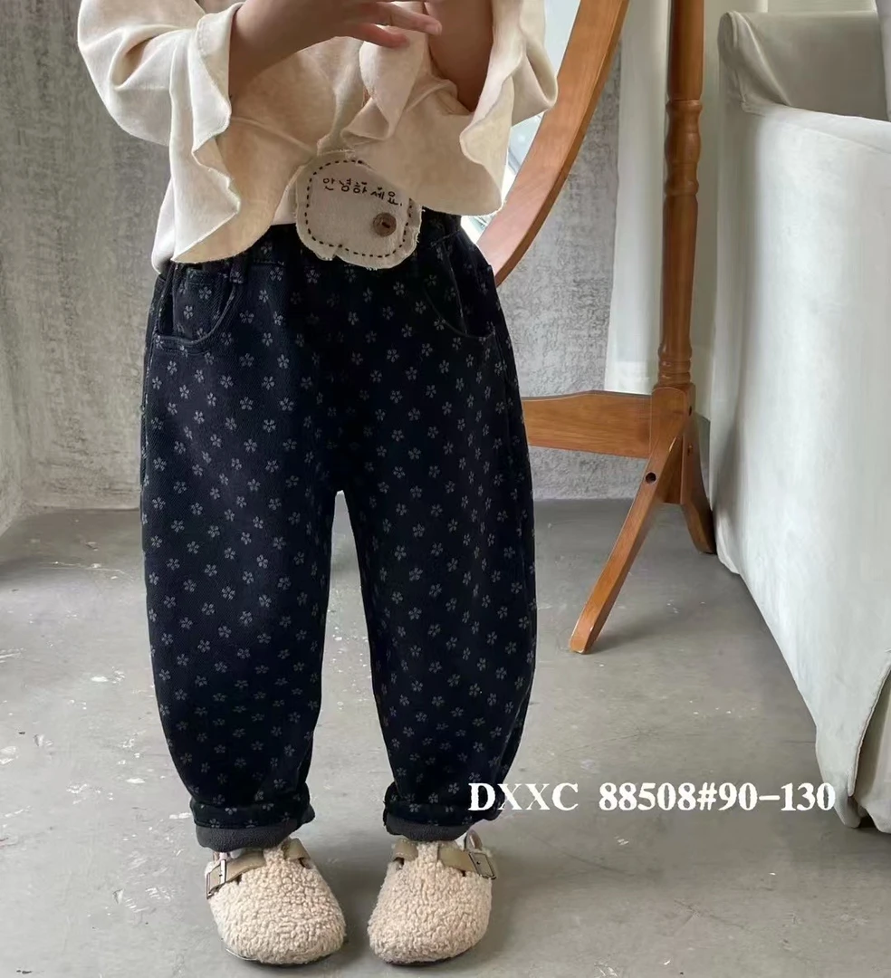 小童儿童牛仔裤深色小花图案松紧腰带儿童裤子童装休闲裤男童
