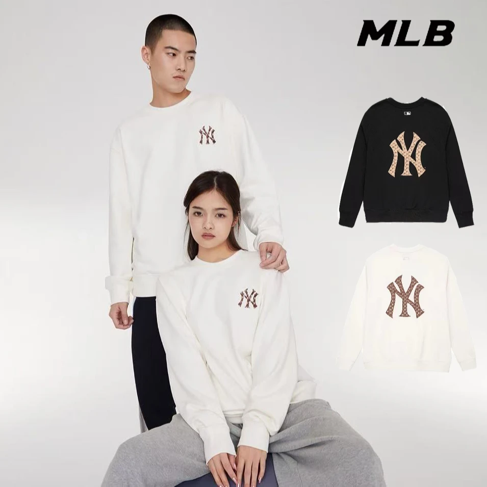 MLB 纽约洋基队 纯色Logo印花运动圆领卫衣 男女同款 黑色 白色