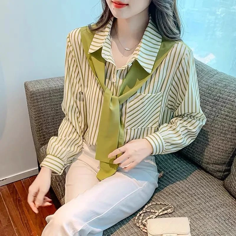 时尚韩版拼接假两件条纹长袖衬衫女士披肩洋气宽松设计感显瘦上衣