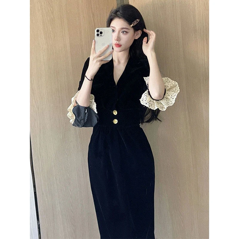 大码胖妹妹法式撞色小香风气质高级感收腰连衣裙女设计感显瘦长裙