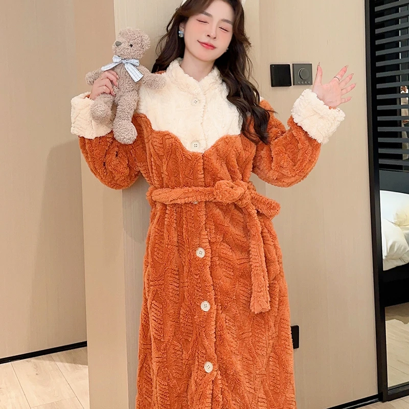 秋冬季浴袍女睡衣女新款性感大码长款睡袍加厚法兰绒家居服4028