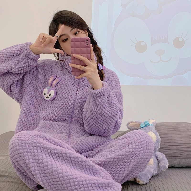 高领保暖拉链睡衣女珊瑚绒纯色宽松甜美卡通家居服可外穿