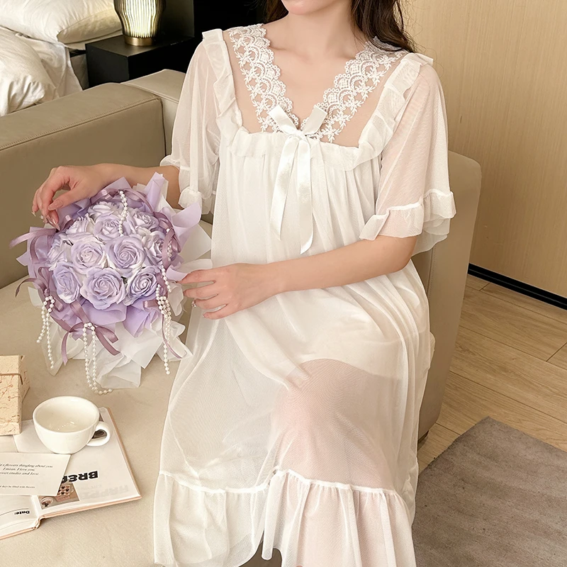 睡裙女夏季蕾丝网纱甜美宫廷仙女公主风短袖睡衣白色性感裙子4061