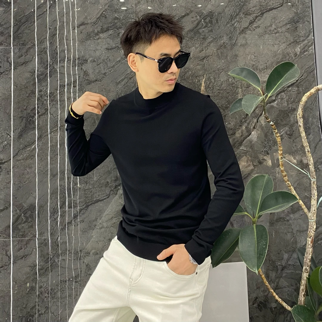 秋冬修身高弹力柔软丝光中领针织衫T恤不扎肉百搭雅痞打底毛衣