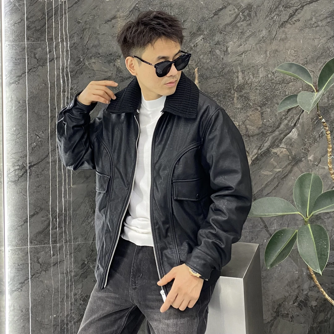 冬季PU皮可拆卸针织翻领皮衣羽绒服外套90白鸭绒雅痞潮流皮羽绒服