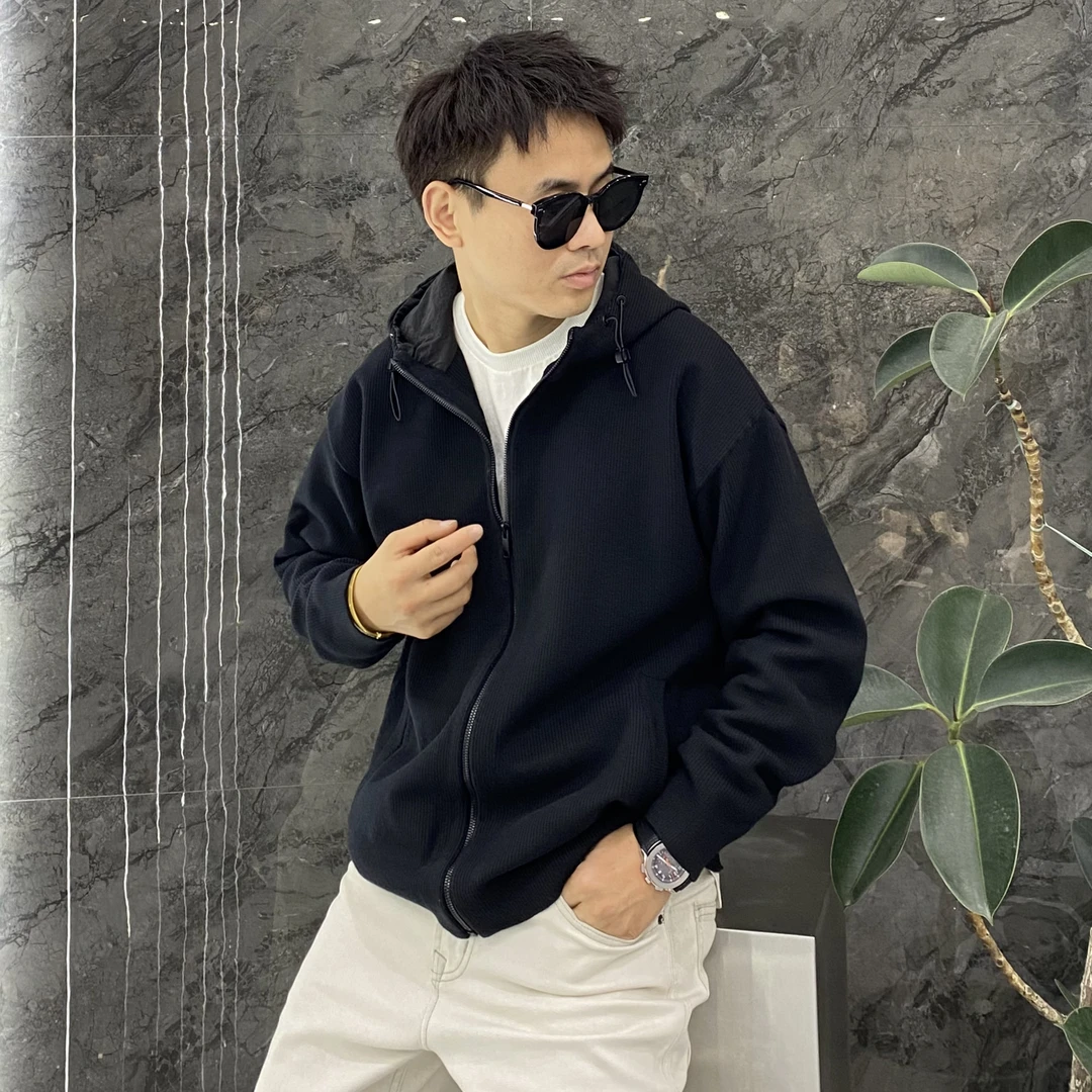 秋冬重磅拼接连帽针织纯色毛衣外套潮流百搭微宽松针织开衫男上衣