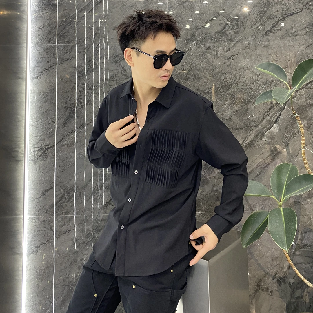 高级感压褶设计开衩下摆修身弹力长袖衬衣休闲百搭雅痞黑衬衣男