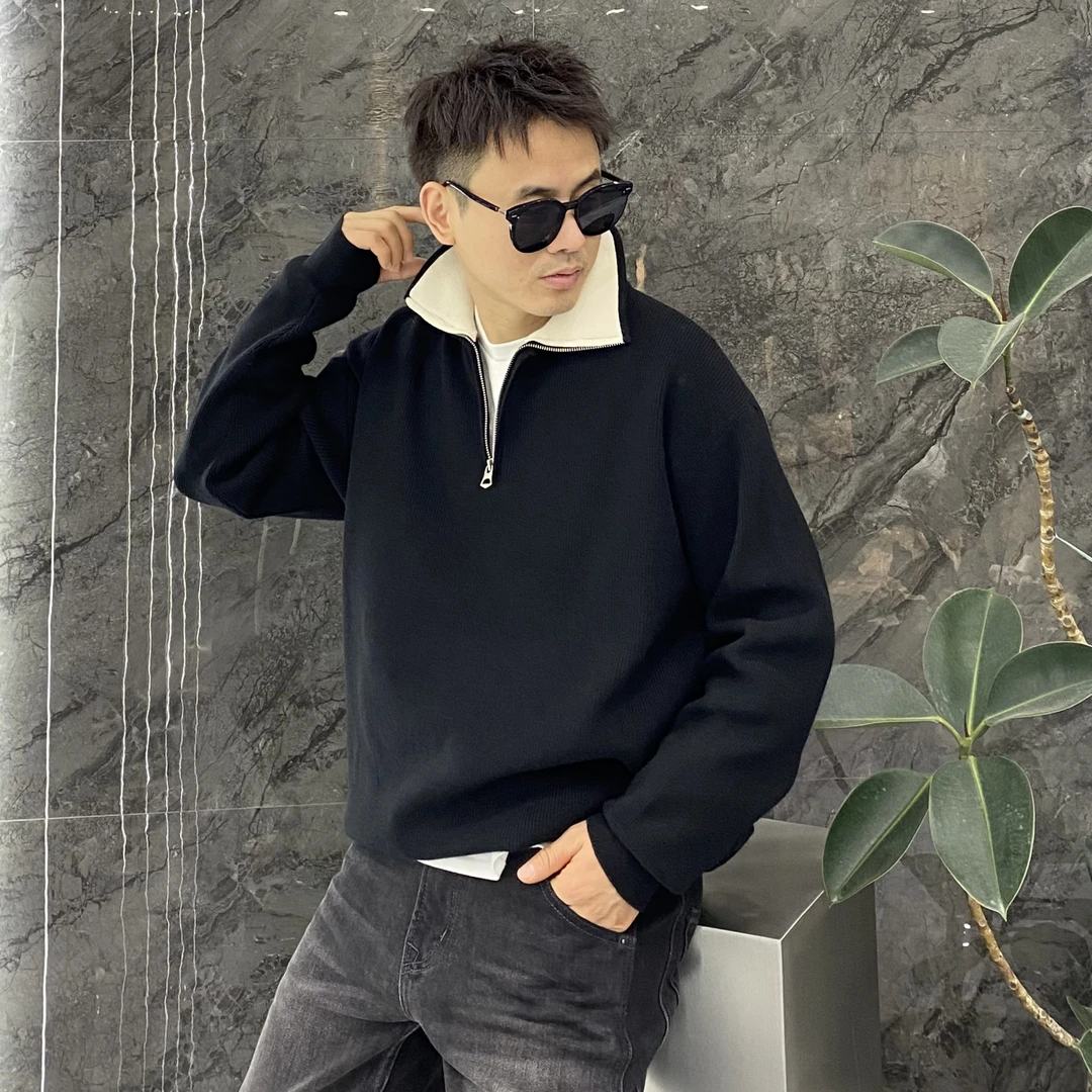 拼色翻领拉链立领毛衣针织衫慵懒风微宽松雅痞美式百搭潮流毛衣男