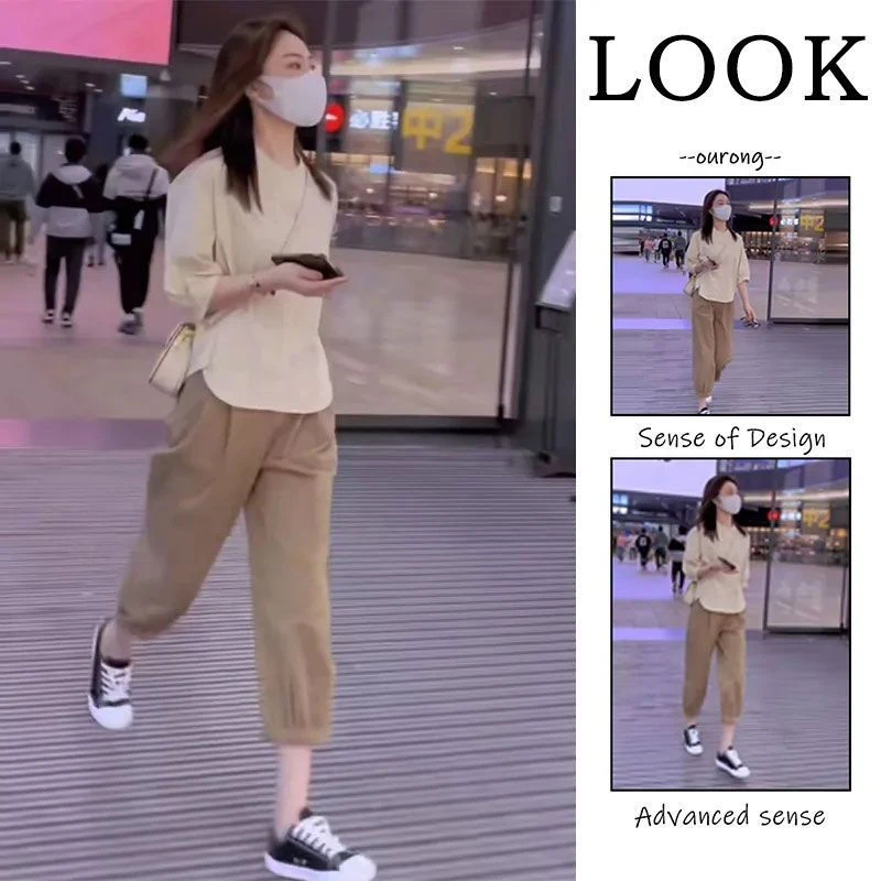 夏装搭配一整套中袖休闲衬衫九分哈伦裤盐系高级感遮肚子两件套女