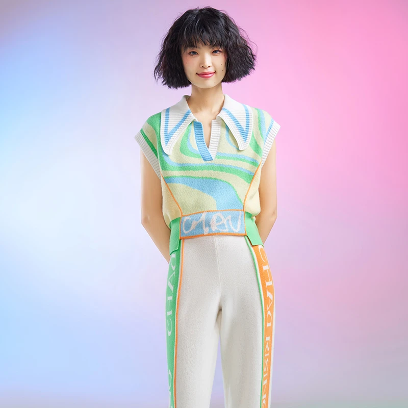 洲升/CHAURISING T恤领羊绒针织马甲女士 22091651时尚休闲夏季