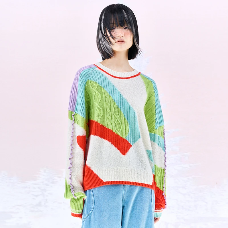 CHAURISING/洲升绞花拼接彩色羊绒衫23081511长袖针织条纹复古