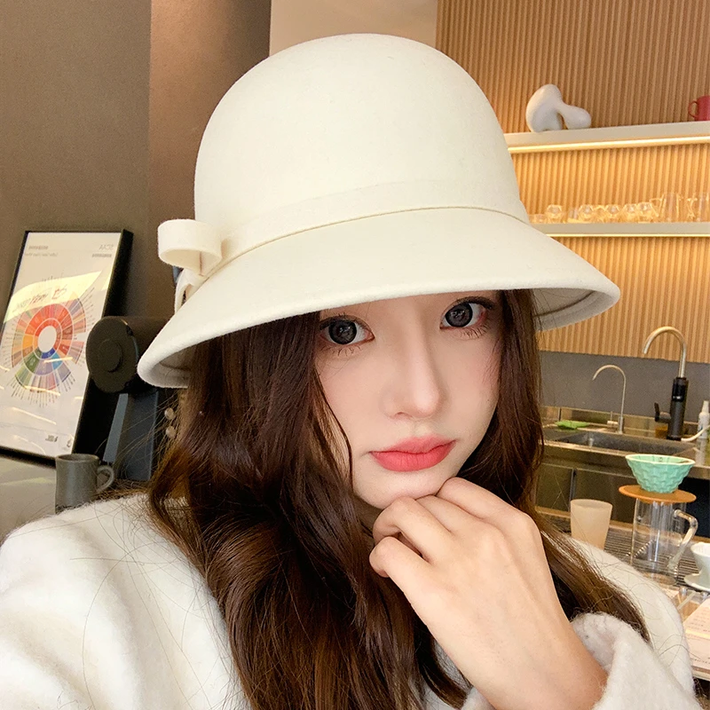 赫本风白色渔夫帽大头围显脸小秋冬帽子法式复古盆帽气质名媛礼帽