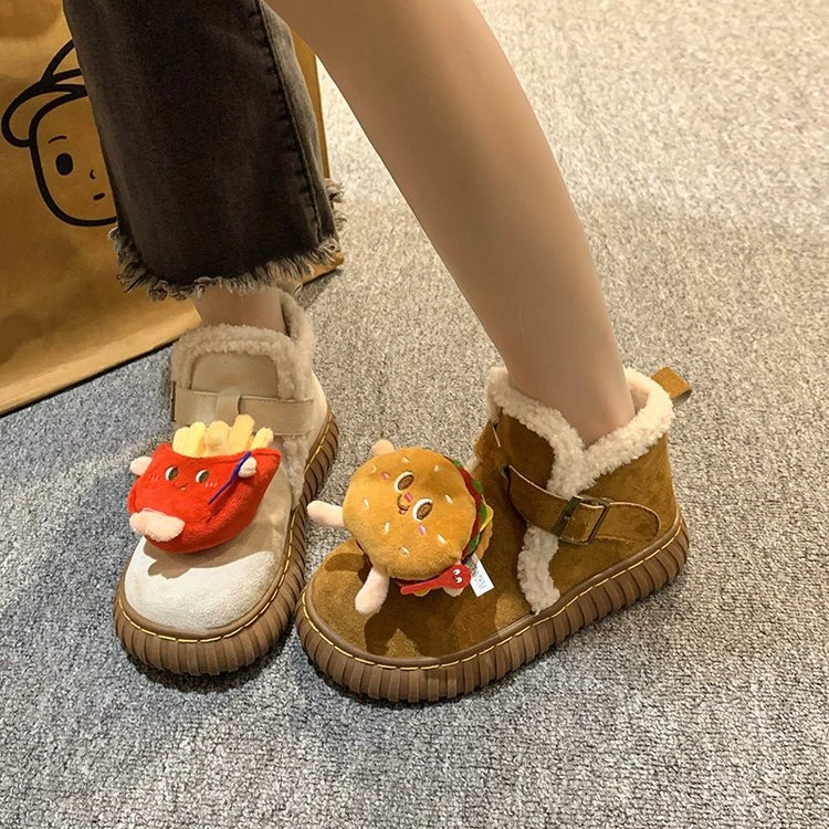 新款厚底棉鞋可爱汉堡雪地靴女2024冬季加绒加厚保暖防滑鞋子外穿
