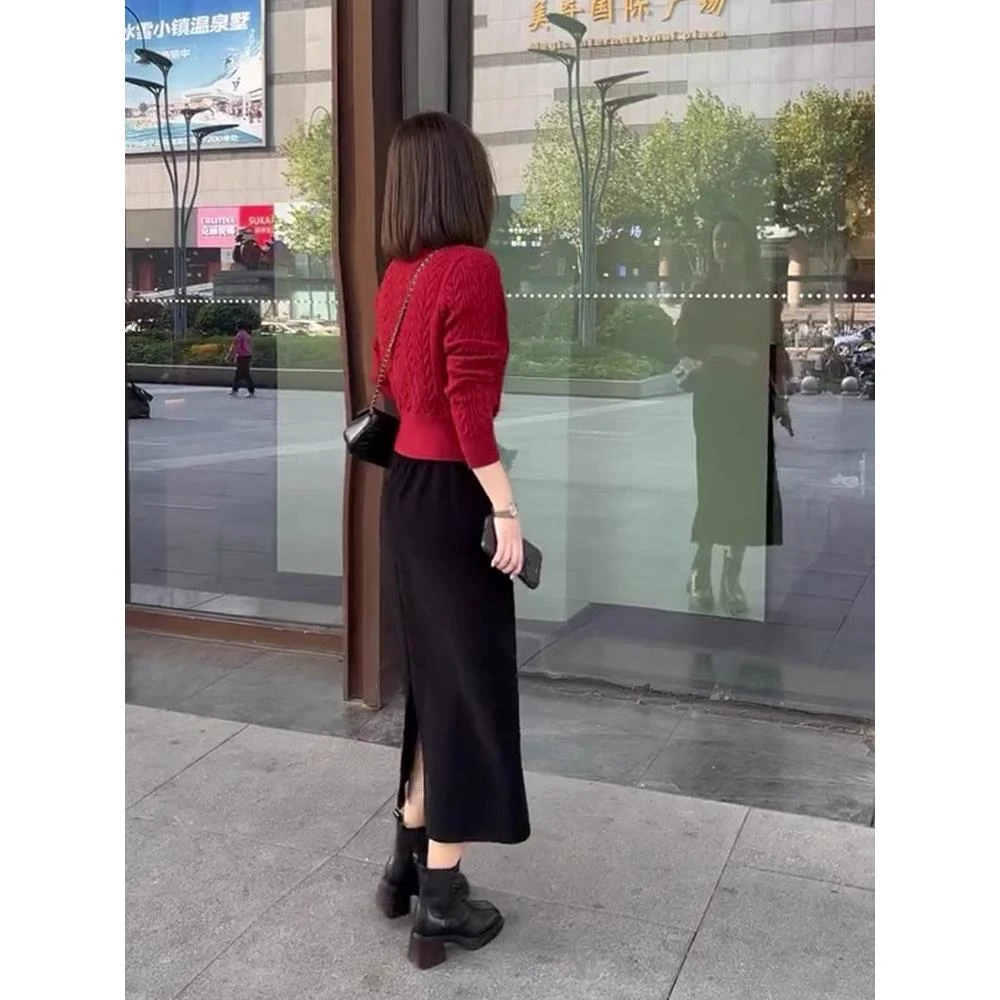 拉夏贝尔春装搭配一整套高级感小个子穿搭红色针织毛衣半身裙子两