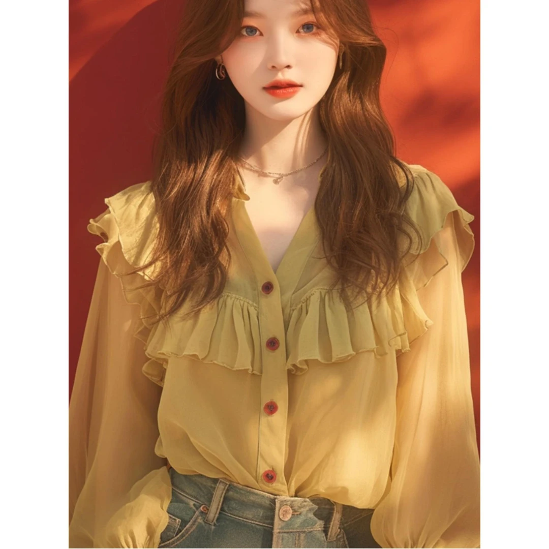 拉夏贝尔宽松遮肚子雪纺衫女早秋新款温柔风黄色荷叶边衬衫小众设