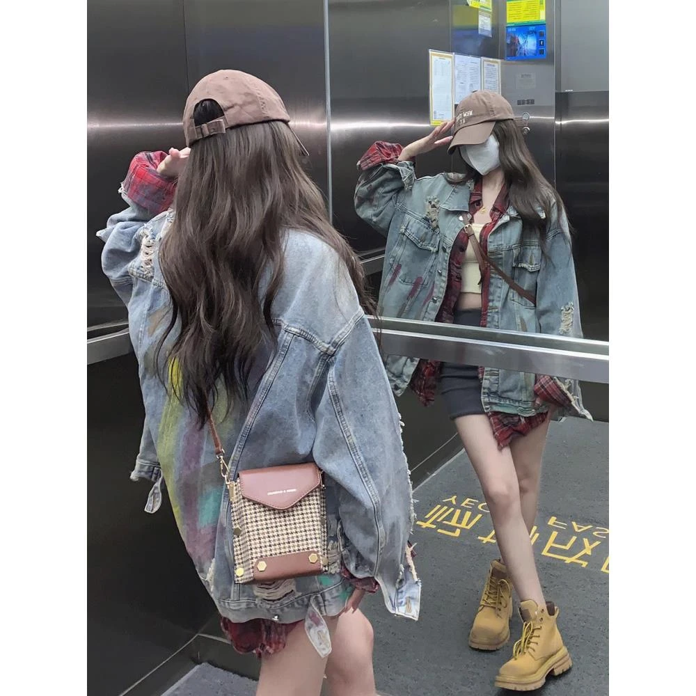 拉夏贝尔美式复古港风涂鸦牛仔外套女装春秋季高级设计感小众个子