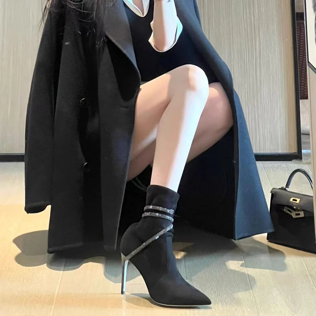 蛇形缠绕水钻高跟短靴女2023年秋冬新款细跟显瘦短筒靴百搭弹力靴