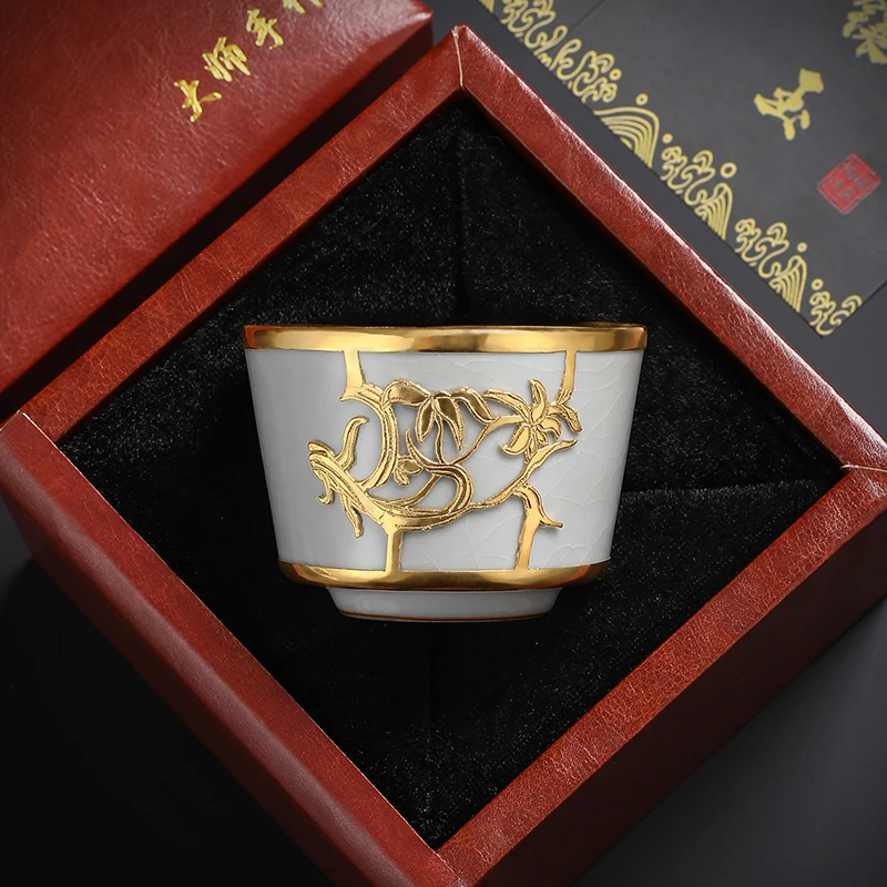 非遗金镶玉茶具茶杯茶盏五大名窑陶瓷主人杯单杯送领导礼品礼盒装