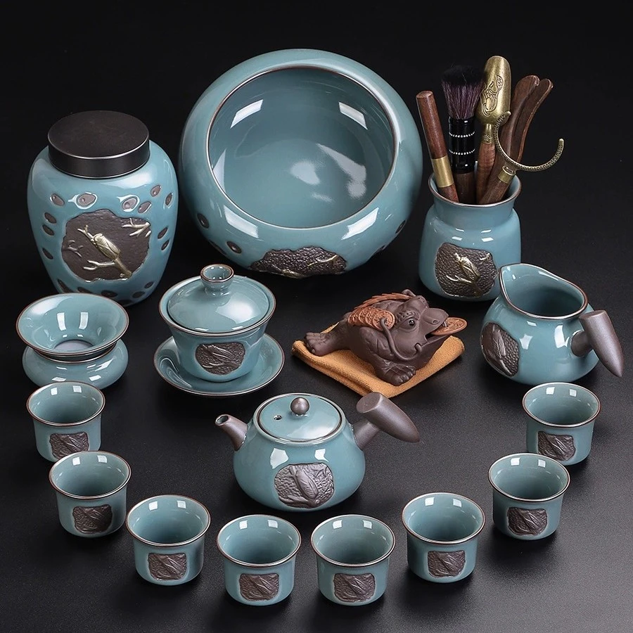 陶福气茶具套装家用 哥窑冰裂功夫茶壶盖碗喝茶茶杯全套送人礼品