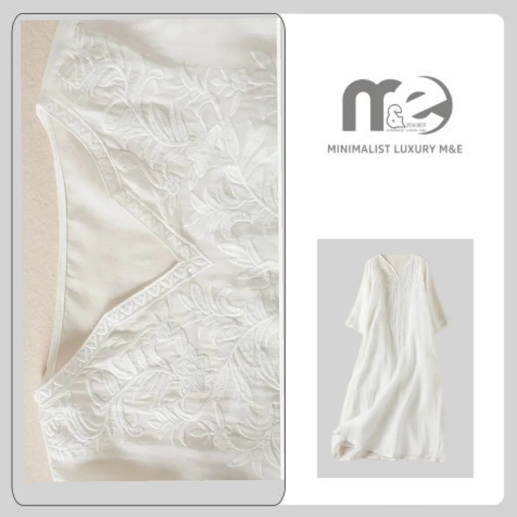 M&E文艺风高级重工刺绣V领连衣裙女2025夏季宽松显瘦遮肉长裙A361