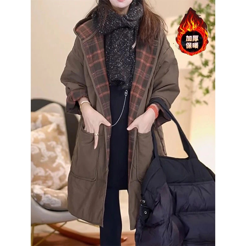 高档轻奢连帽棉服外套女2024秋冬新款宽松休闲中长款气质棉衣A801