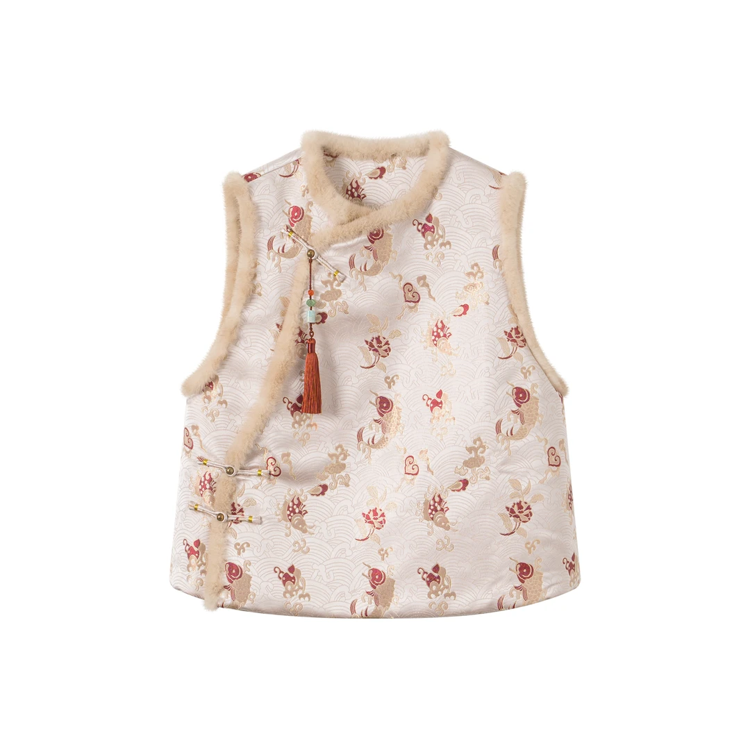 【姝可】民族风毛条包边新中式秋冬显瘦贵气桑蚕丝马夹优雅通勤百搭