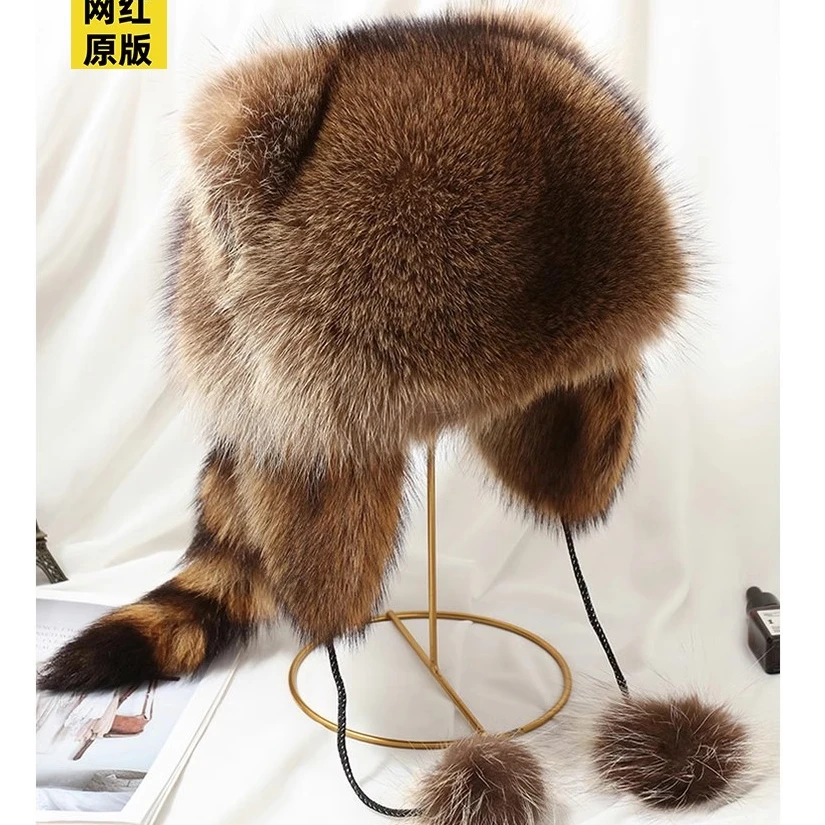 小浣熊尾巴帽子貉子真毛女士儿童冬天美洲貉护耳毛霸王雷锋帽