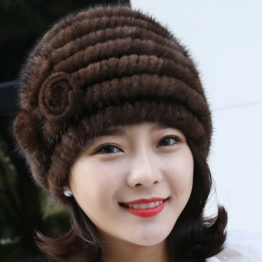 水貂横编三花帽子女貂冬天帽子貂毛女款帽子时尚冬季女帽子保暖