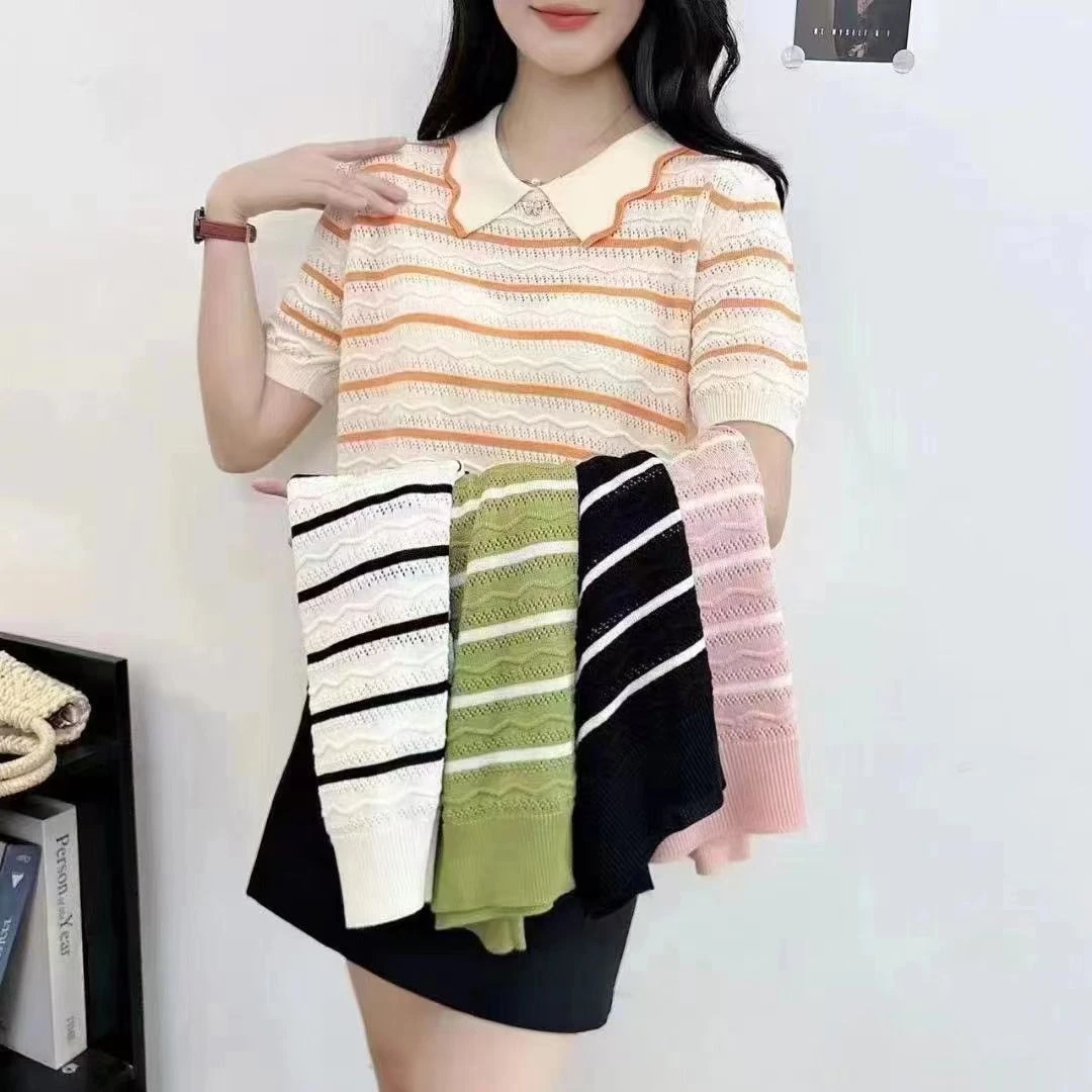 2024年夏季新款时尚T恤百搭小众修身显瘦条纹polo领针织衫上衣女