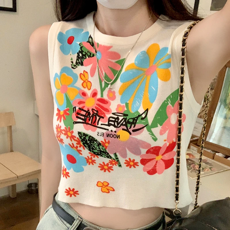 多巴胺圆领无袖印花吊带背心女2025夏季新款高能感独特百搭上衣