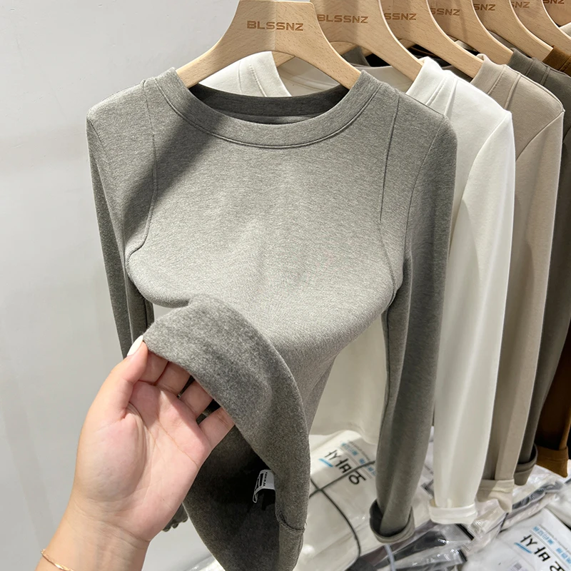 灰色磨毛长袖打底衫女秋冬季设计感洋气加绒加厚通勤t恤内搭上衣