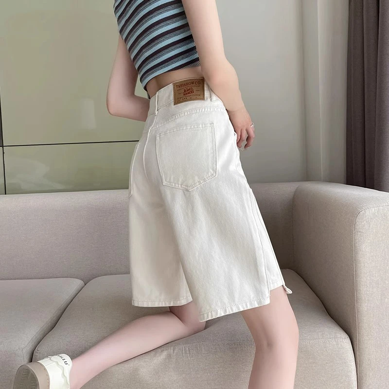 白色牛仔短裤女夏季薄款2025新款高腰直筒五分阔腿中裤港风5分裤