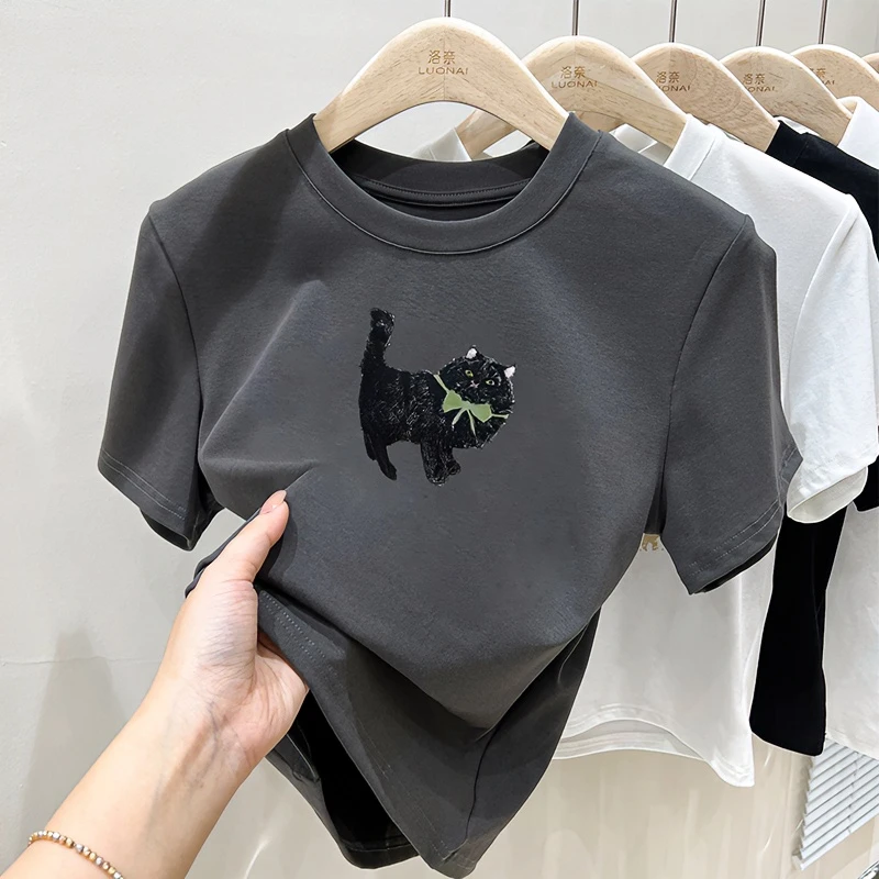 灰色猫咪印花短袖t恤女春夏洋气衣服韩版圆领正肩短款显瘦上衣女