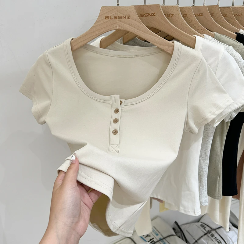 杏色u领正肩短袖t恤女夏季洋气衣服纯色修身短款上衣半袖体恤