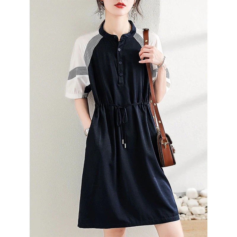 2025夏季新款连衣裙中长款女装显瘦休闲气质裙子拼接撞色宽松