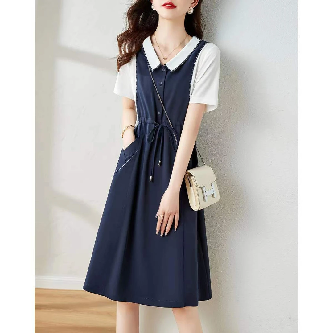 CG3018连衣裙女装收腰时尚气质夏季拼接假两件宽松韩版减龄