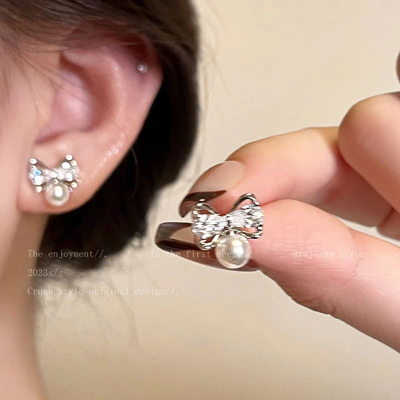 蝴蝶结珠珠耳钉女爆款时尚气质耳饰精致轻奢耳环