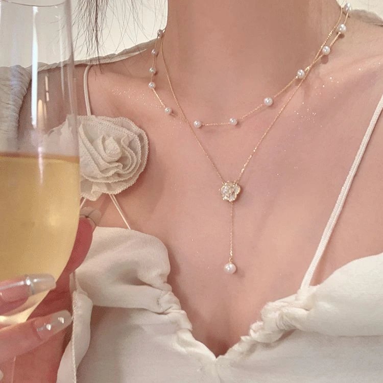 双层山茶花流苏珠珠项链女小众设计感锁骨链轻奢颈链