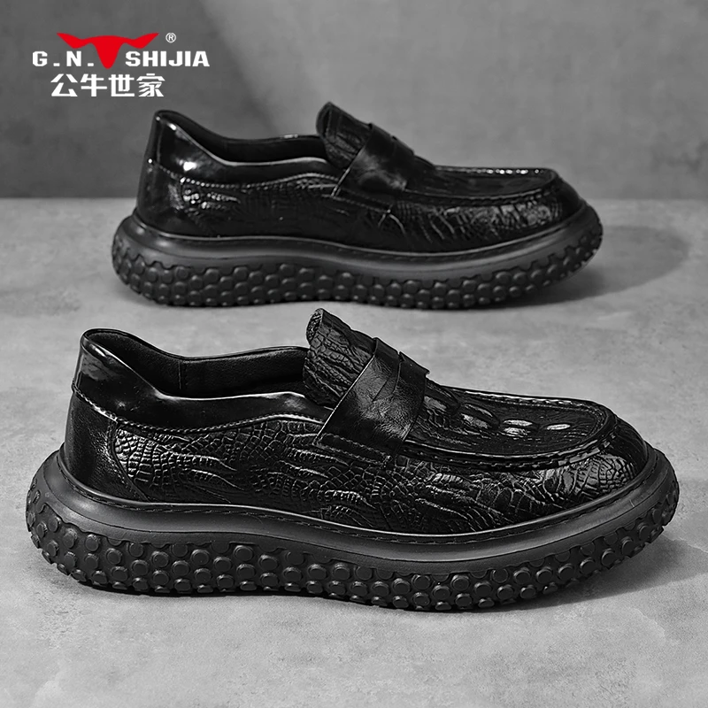 公牛世家软底男秋季新款潮流时尚一脚蹬皮鞋厚底增高商务休闲软底